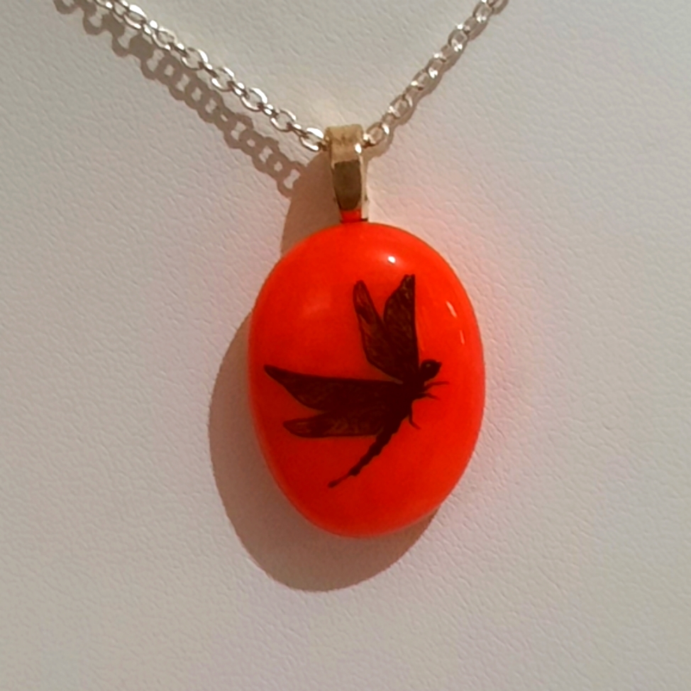 Stained Glass Orange Necklace With Fused Dragonfly Decal